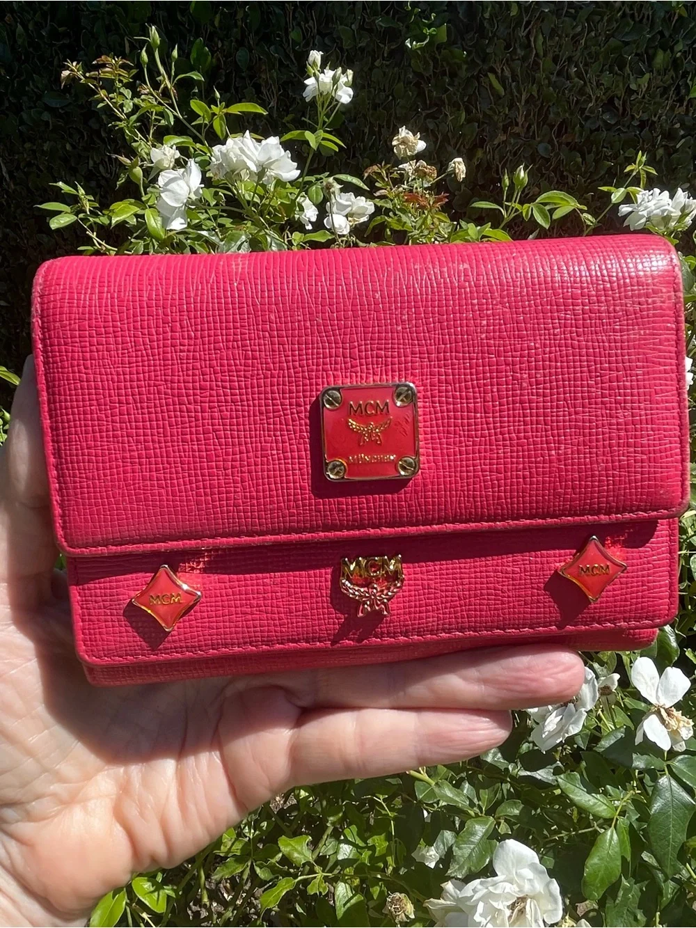 MCM Pink Leather Continental Wallet with Charm Accents & Gold Hardware”